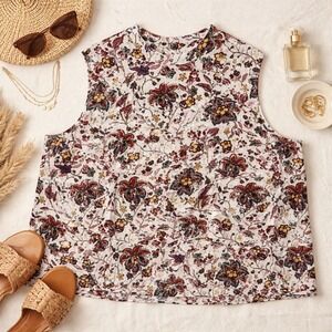 J Jill 4X Shirt Top Tank Cream Red Blue Floral Boho‎ High Neck Long Tunic